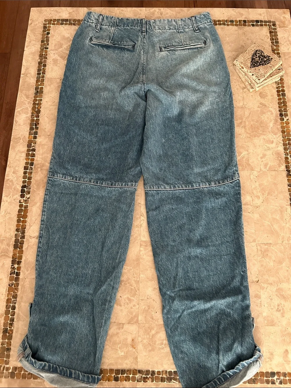 Free People Rory Slim Straight Jeans Seamed Button Pockets Tab Cuff Hems Size 28